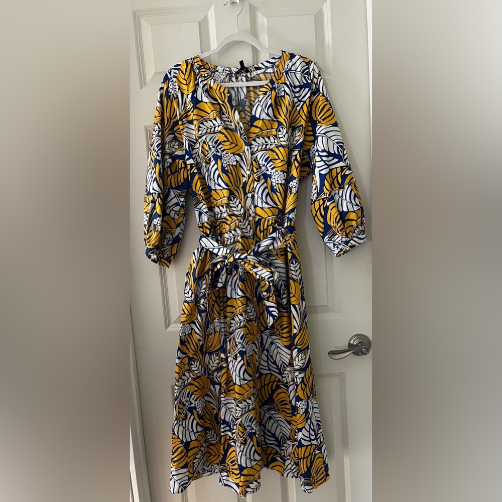 Talbots POPLIN SHIRTDRESS - COLORBLOCK LEAVES Navy, White, Gold Cotton Size 16